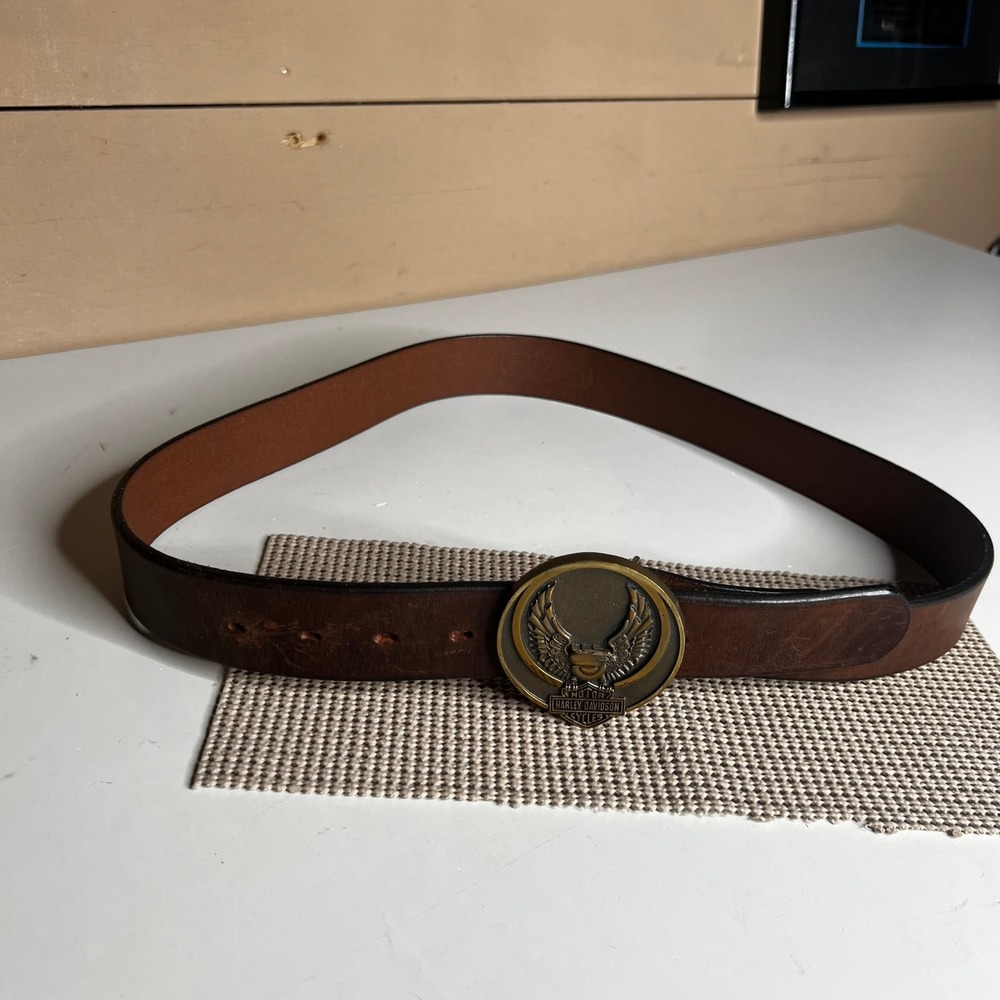 Harley Davidson Eagle Buckle Main Street Forge Brown Leather Belt Mens 36 USA